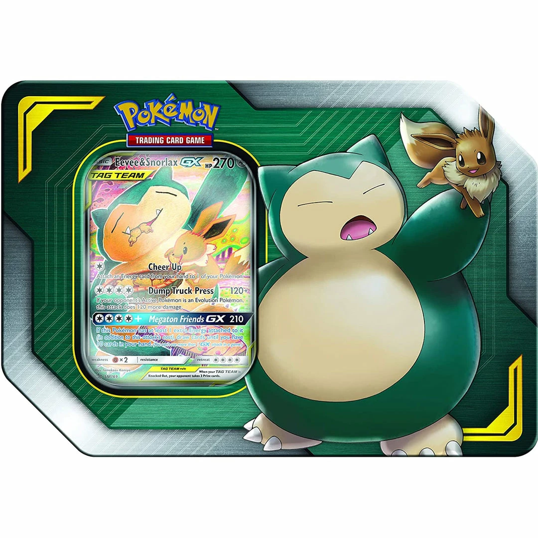 Cheap ❤️ Pokemon TCG: Tag Team Tin - Eevee & Snorlax GX TCGs 🎁 3 Pokemon TCG: Tag Team Tin - Eevee & Snorlax GX TCGs